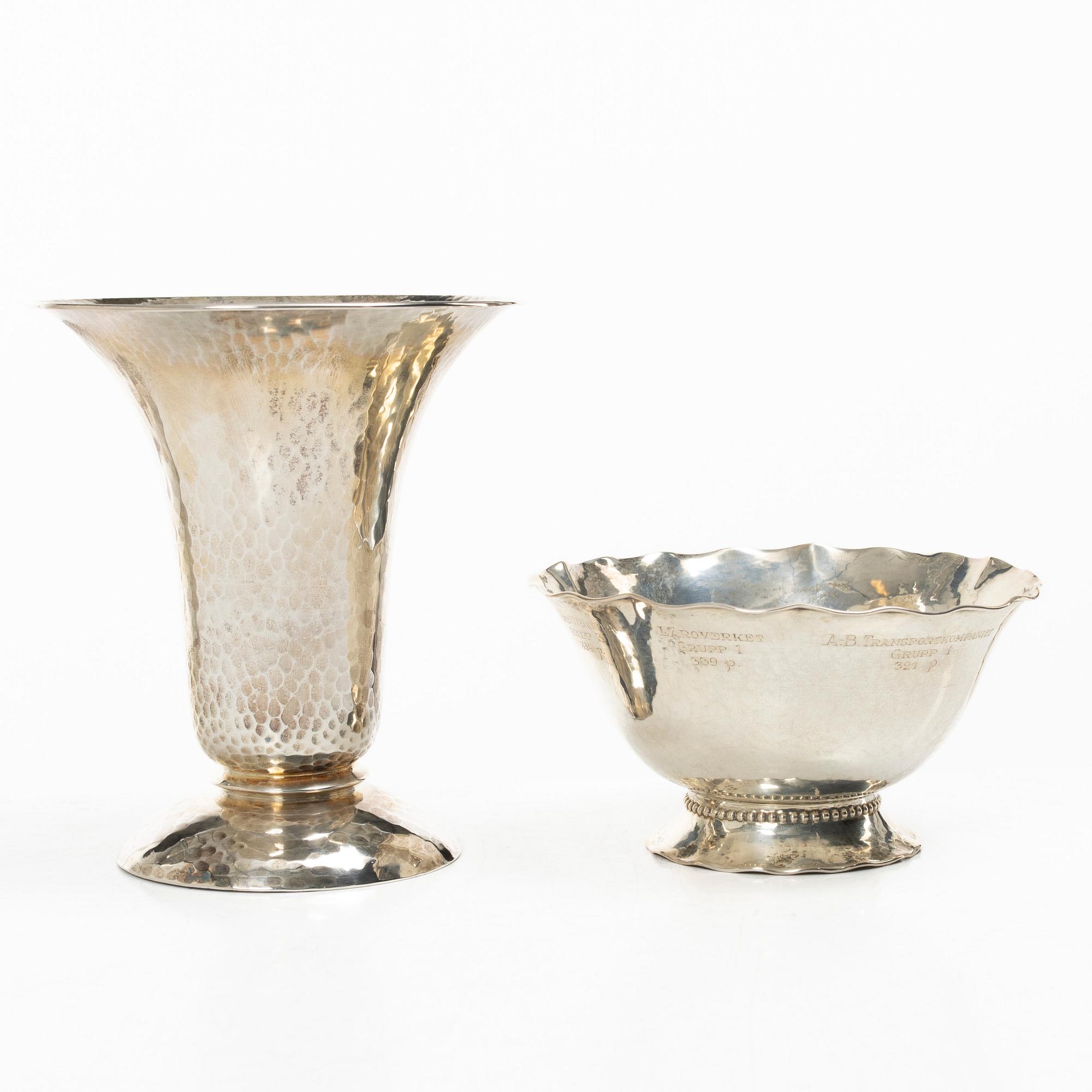 Bowl and vase, silver, GAB, Stockholm 1929, respectively Markström, Uppsala 1925.