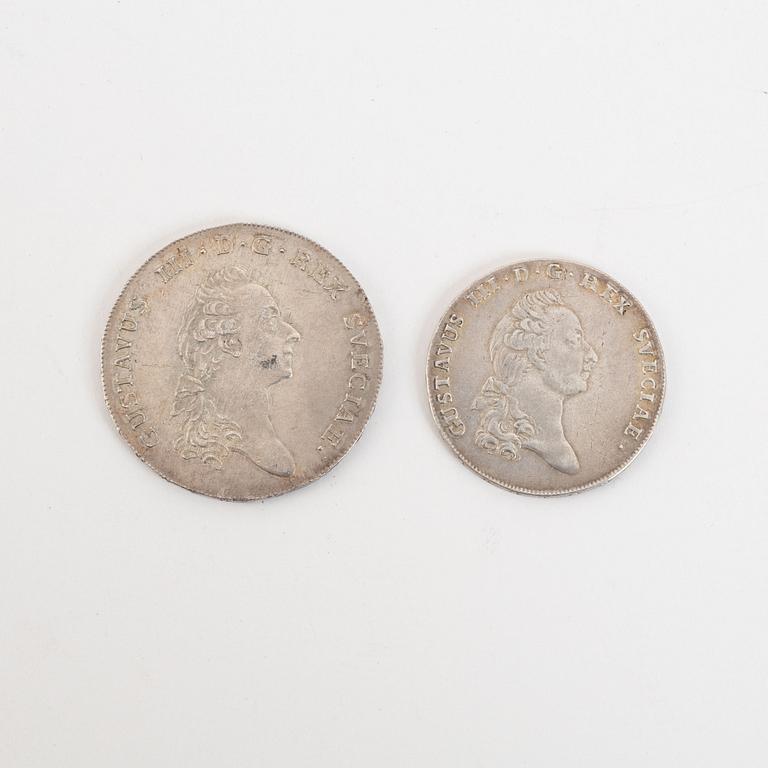Two Swedish silver coins, 1775 and 1779.