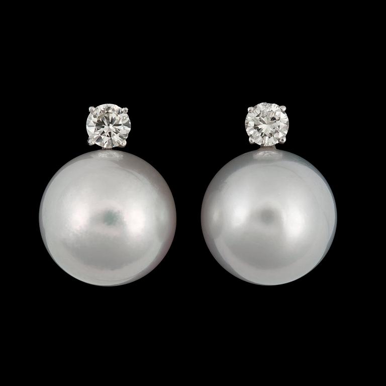 A pair of cultivated South Sea pearl Ø 15 mm, and diamond, 0.87 ct, earrings. Quality H/SI.