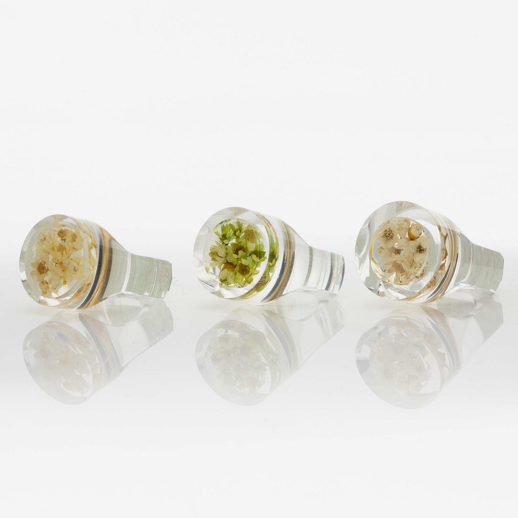 Siv Lagerström, three rings, acrylic plastic. Engraved works from the 1970s.