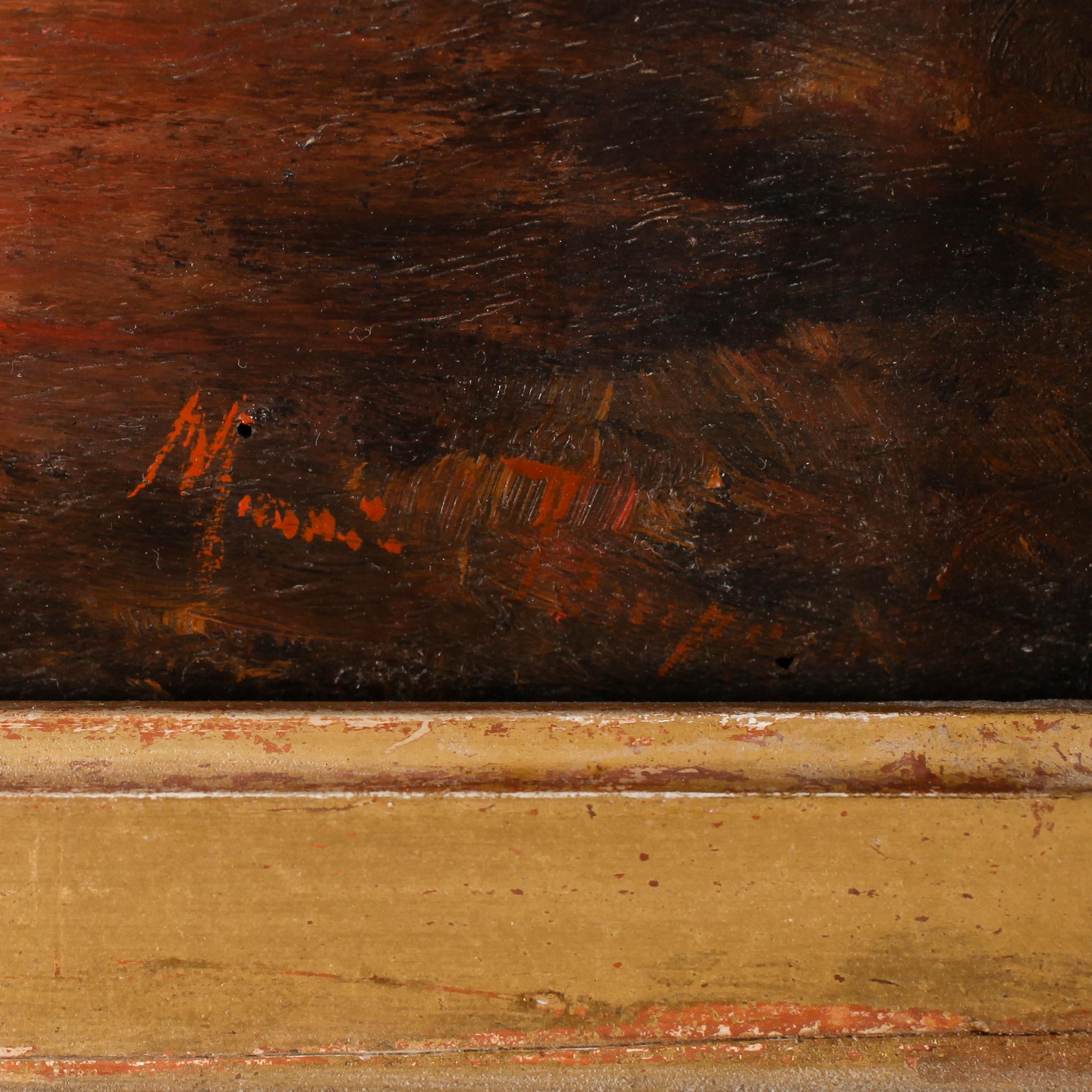 OKÄND KONSTNÄR, olja på pannå, otydligt signerad, sannolikt 1800-tal.