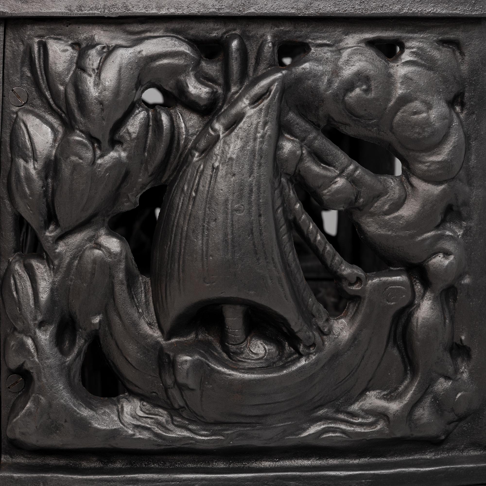Fireplace front, cast iron, Art Nouveau, after Hans W Larsen, late 20th century.