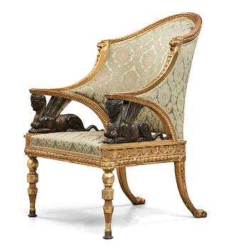 32. A large late Gustavian armchair by Ephraim Ståhl (chairmaker in Stockholm 1794-1820), not signed, mid 1790's.