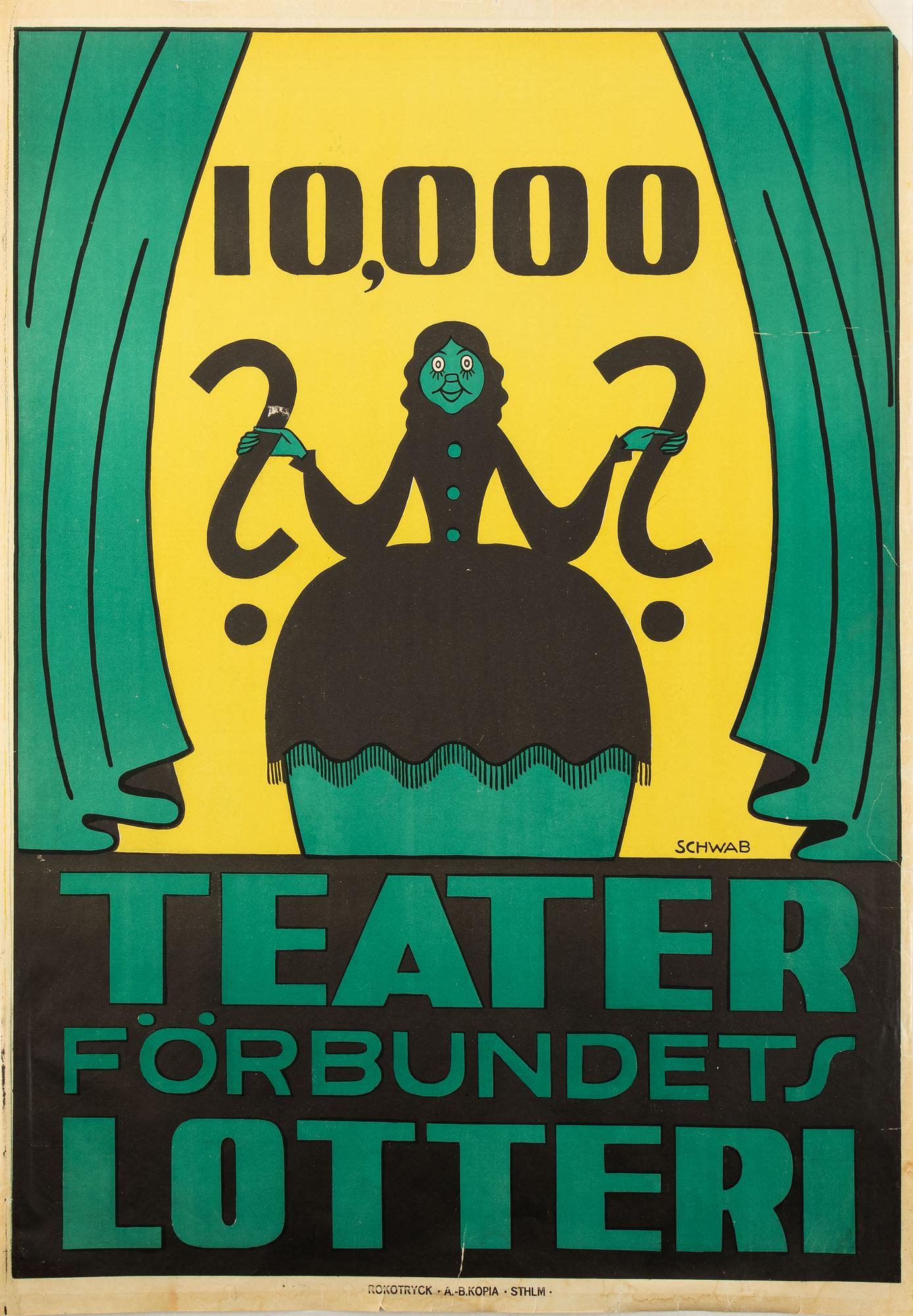 Eigil Schwab, a vintage poster, 'Teaterförbundets lotteri', Rokotryck A.-B. Kopia Sthlm, circa 1920.