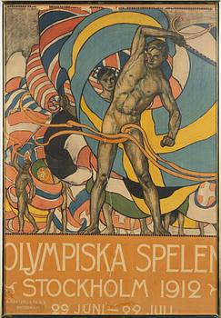 Olle Hjortzberg, litografiskaffisch, Olympiska Spelen Stockholm 1912.