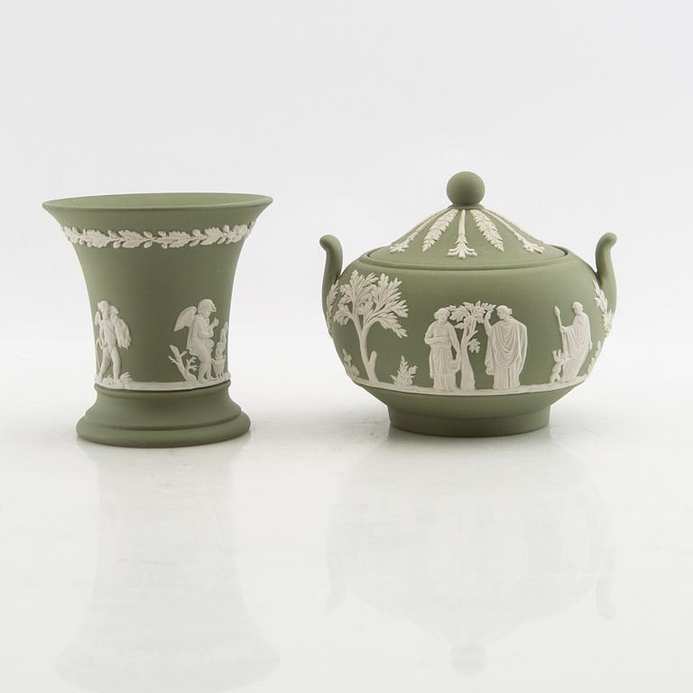 A collection of boxes, plates, and a vase 9 dlr mostly Wedgwood England 20th century jasperware.