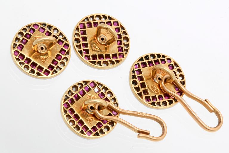 Cufflinks 18K gold, rubies, mother of pearl and rose-cut diamonds, French hallmarks, width approx 1 cm.