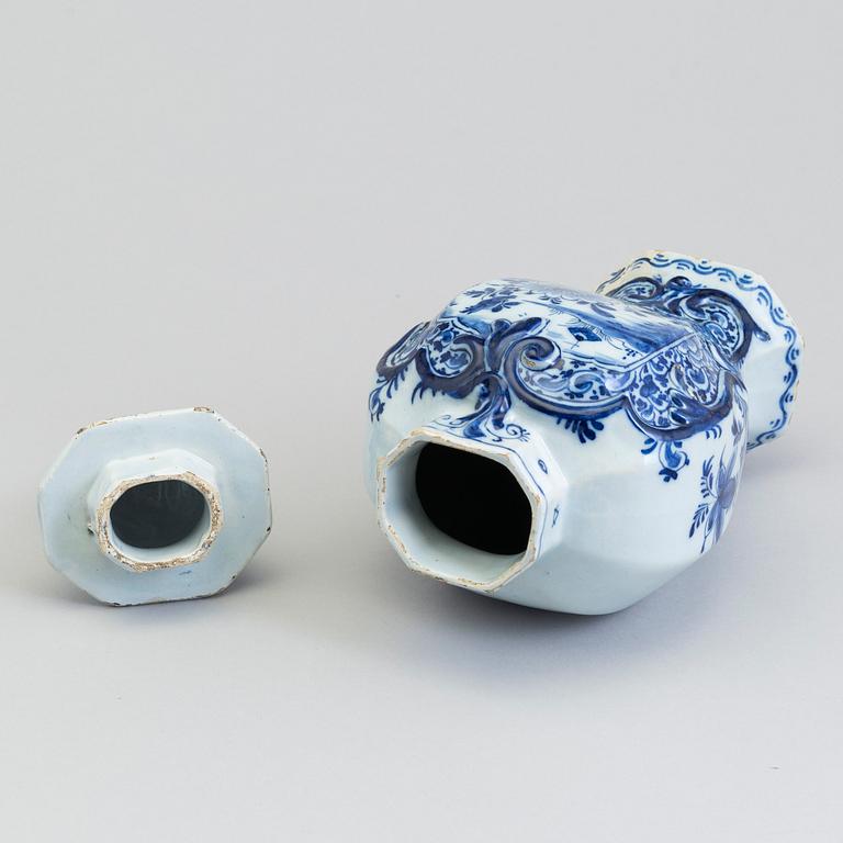 A lidded faience urn, Delft, The Netherlands, 18th century.