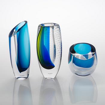 Göran Wärff, three art glasses signed G.Wärff Kosta Boda.