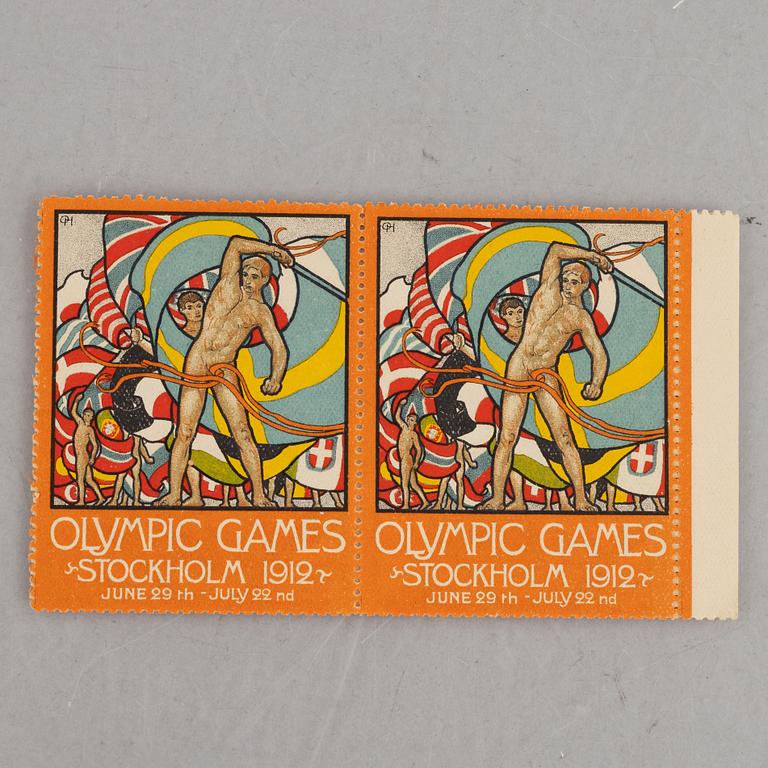 Olle Hjortzberg, efter, samling frimärken/brevmärken, ca 180 st, Olympiska Spelen Stockholm 1912.