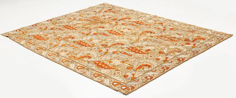 An embroidery, likely an antique Uzbekistan suzani, ca 226.5-230.5 x 180-182 cm.