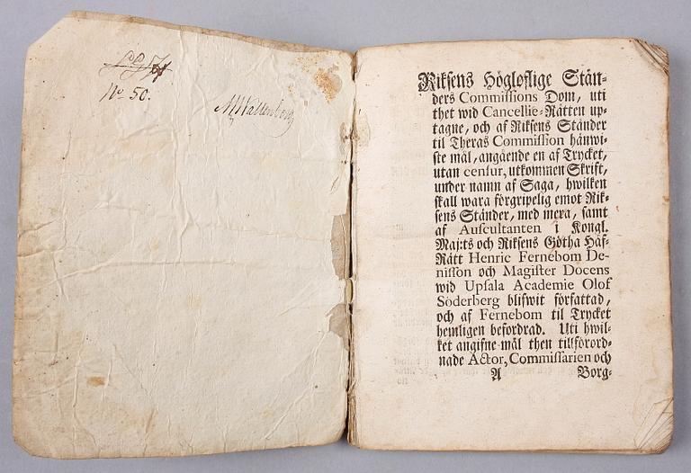 INBUNDEN TIDNING SAMT KUNGÖRELSE, 2 st, bla Upsala Academie och stadstidning. 1754 resp 1793.