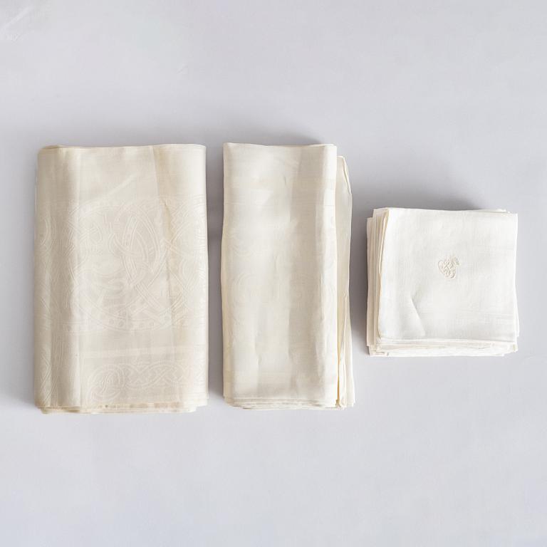Two linnen table cloths and ten linnen napkins, Sweden, late 19th century.
