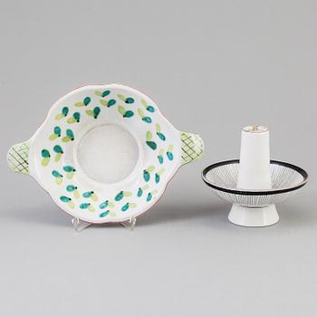 A Stig Lindberg faience candle-stick and  a bowl, 1940's.