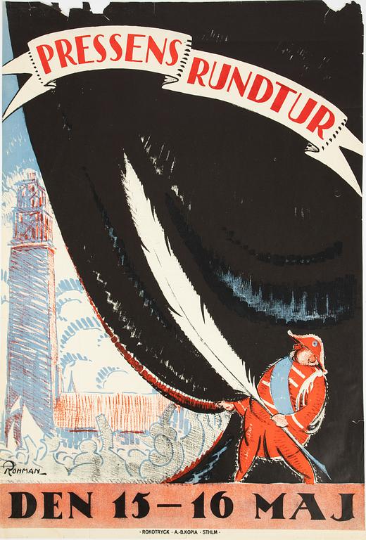 Eric Rohman, a lithographic poster, 'Pressens Rundtur', Rokotryck, A.-B. Kopia, Stockholm, 1920.