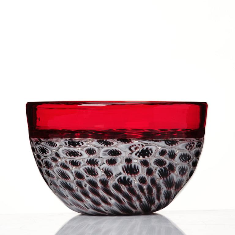 Riccardo Licata, a red glass "lattimo and black wheel murrine" bowl, model 3613, Venini, Murano, Italy, probably 1950's.