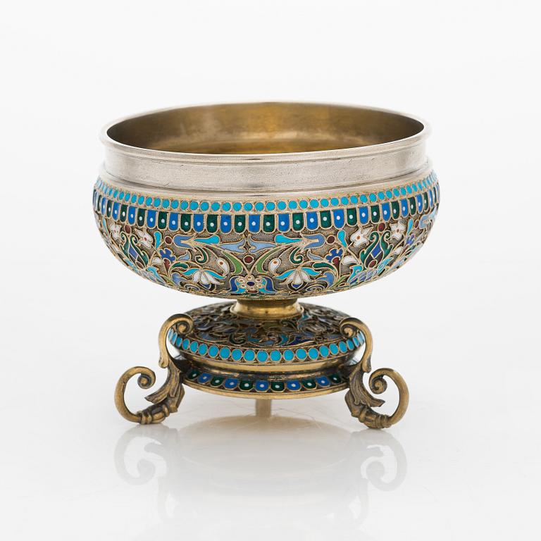 Ovchinnikov, a footed cloisonné enamel parcel-gilt bowl, Imperial warrant mark, Moscow 1896.