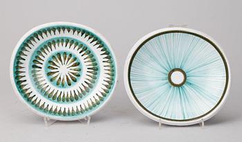 FAT, 2 st, fajans, Stig Lindberg, målare Karin Gustavsson, Gustavsberg, sent 1940-tal.