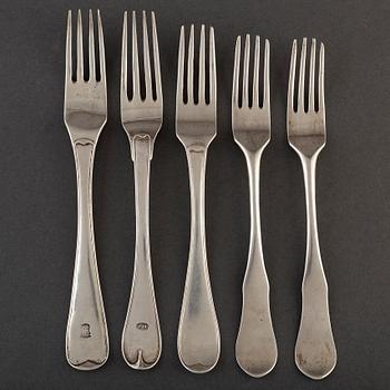 5 silver forks, among others Jonas Elg Västerås 1792. One with Posse family crest.