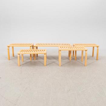 Alvar Aalto, a set of five birch benches model no 153 and 153B.