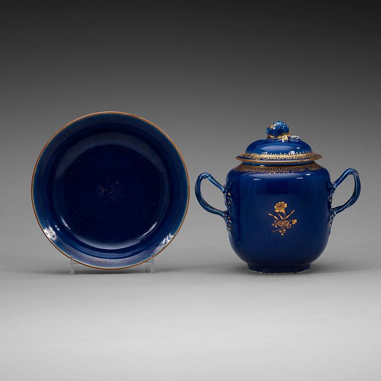 A powder blue sugerbowl with cover and dish, Qing dynasty Qianlong (1736-95).