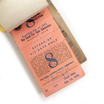 Balaclava/fire hood and access pass for the IROC races at Daytona in February 1975.