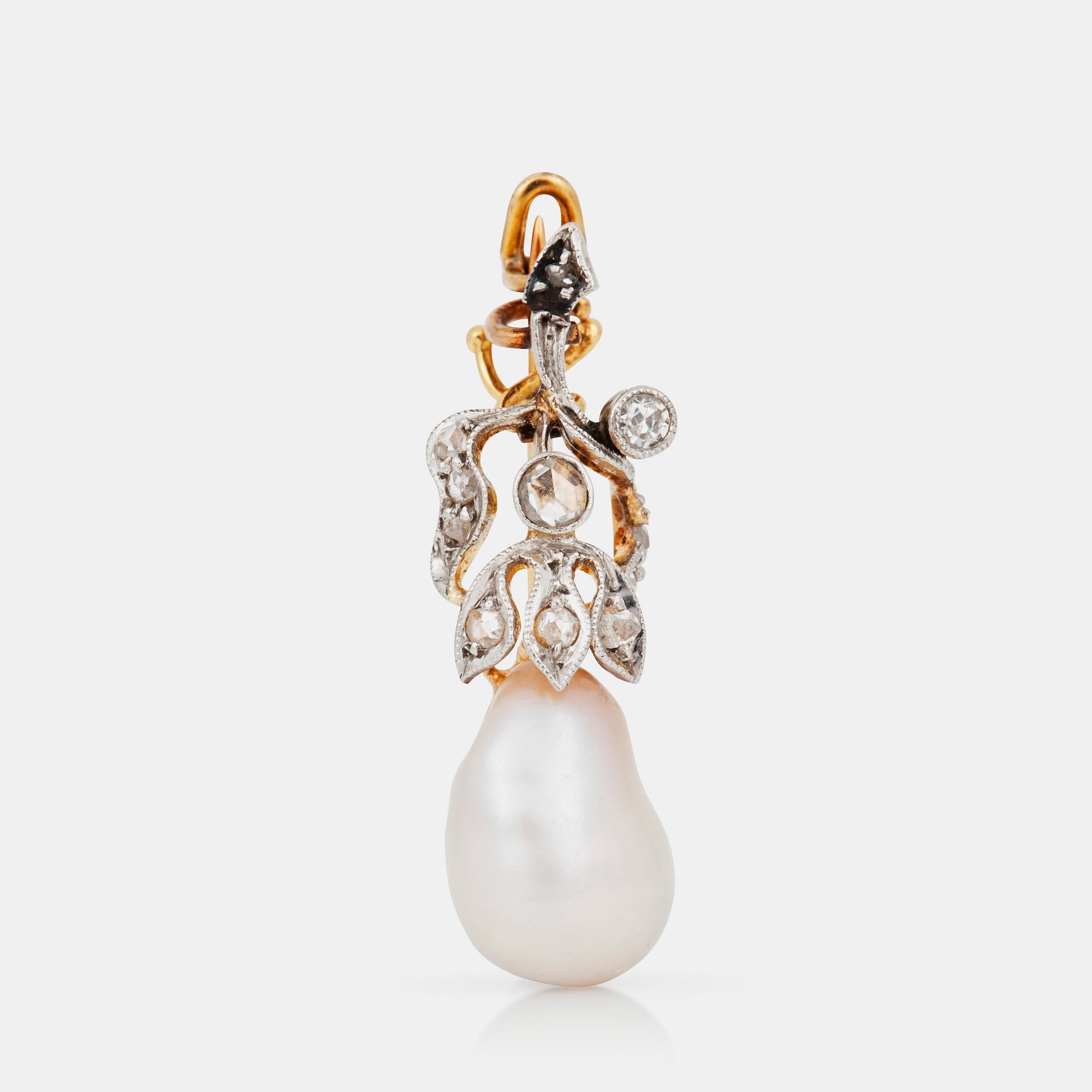 BROSCH med troligen orientalisk pärla samt rosenslipade diamanter.