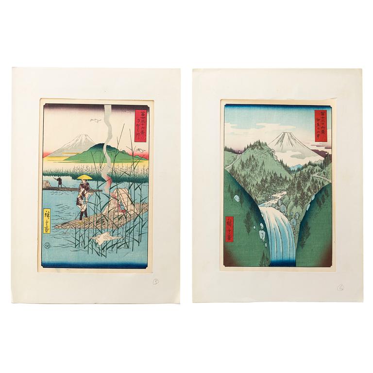 UTAGAWA HIROSHIGE, träsnitt, två st, efter. Japan, tidigt 1900-tal. "In the Mountains of Izu Province (Izu no sanchu)".