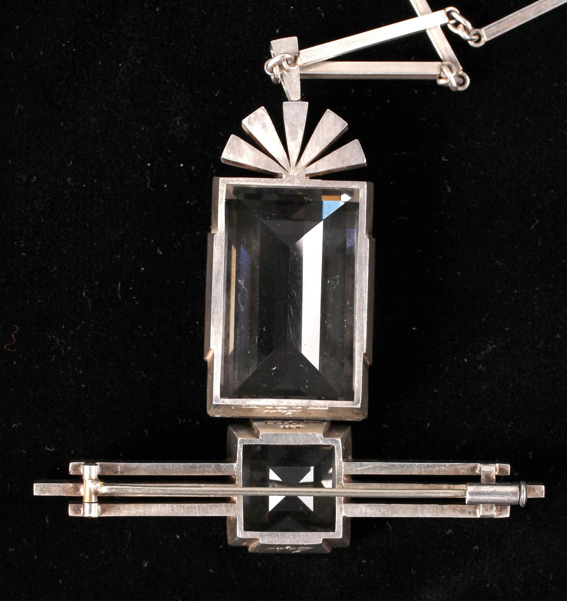 HÄNGSMYCKE och BROSCH, silver med bergkristall, "Stigbert", 1940-tal.