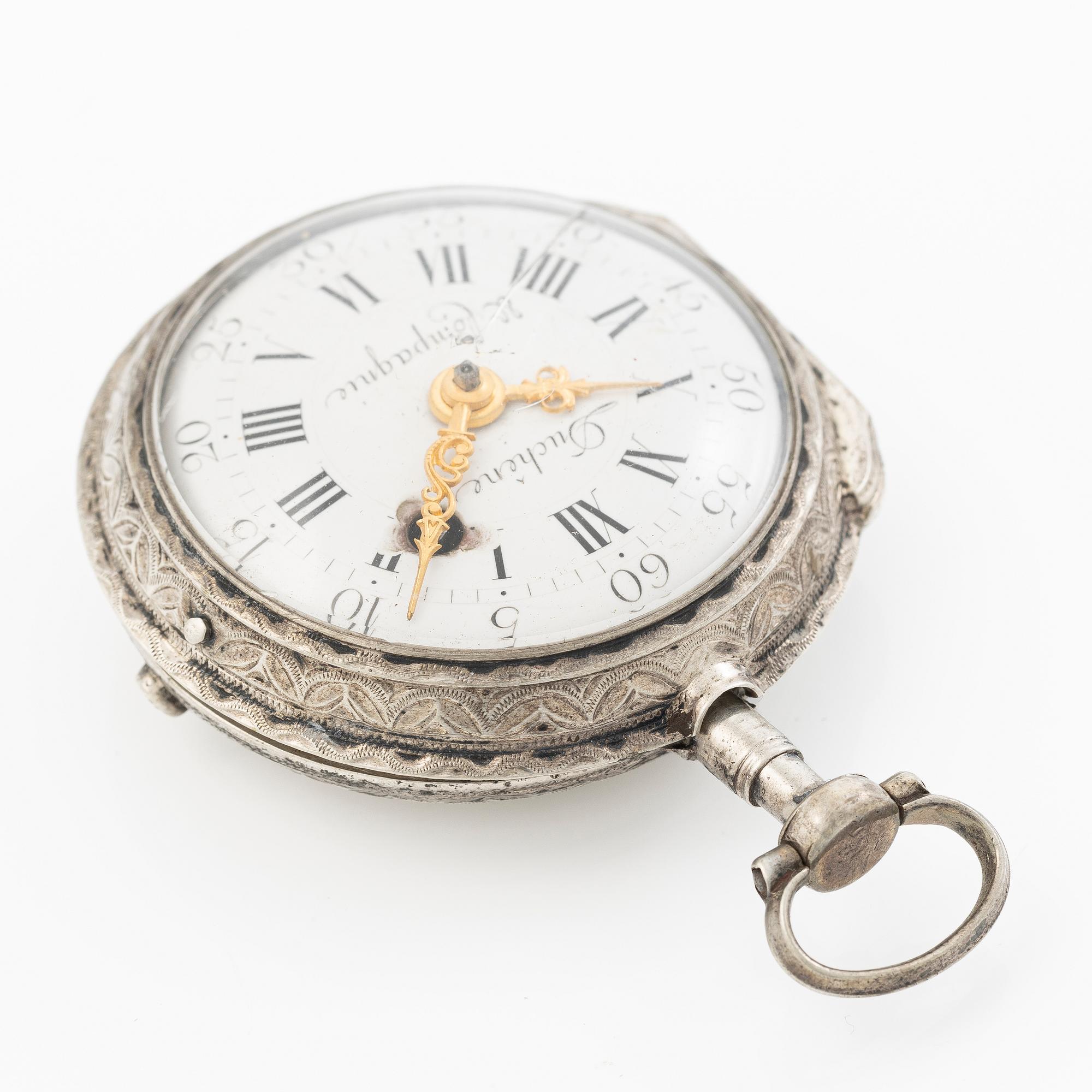 A silver Louis XV pocket watch by  Duchene & Compagnie, Geneva, mid 18th century.