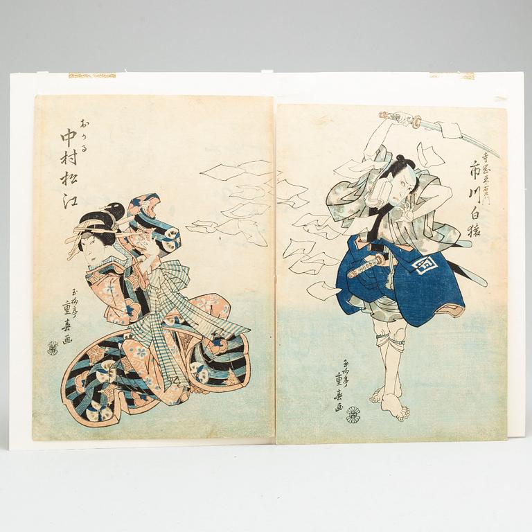 Five Japanese colored woodblock prints, including KUNIYOSHI, SHIGEHARU, KUNISADA, 19th century.