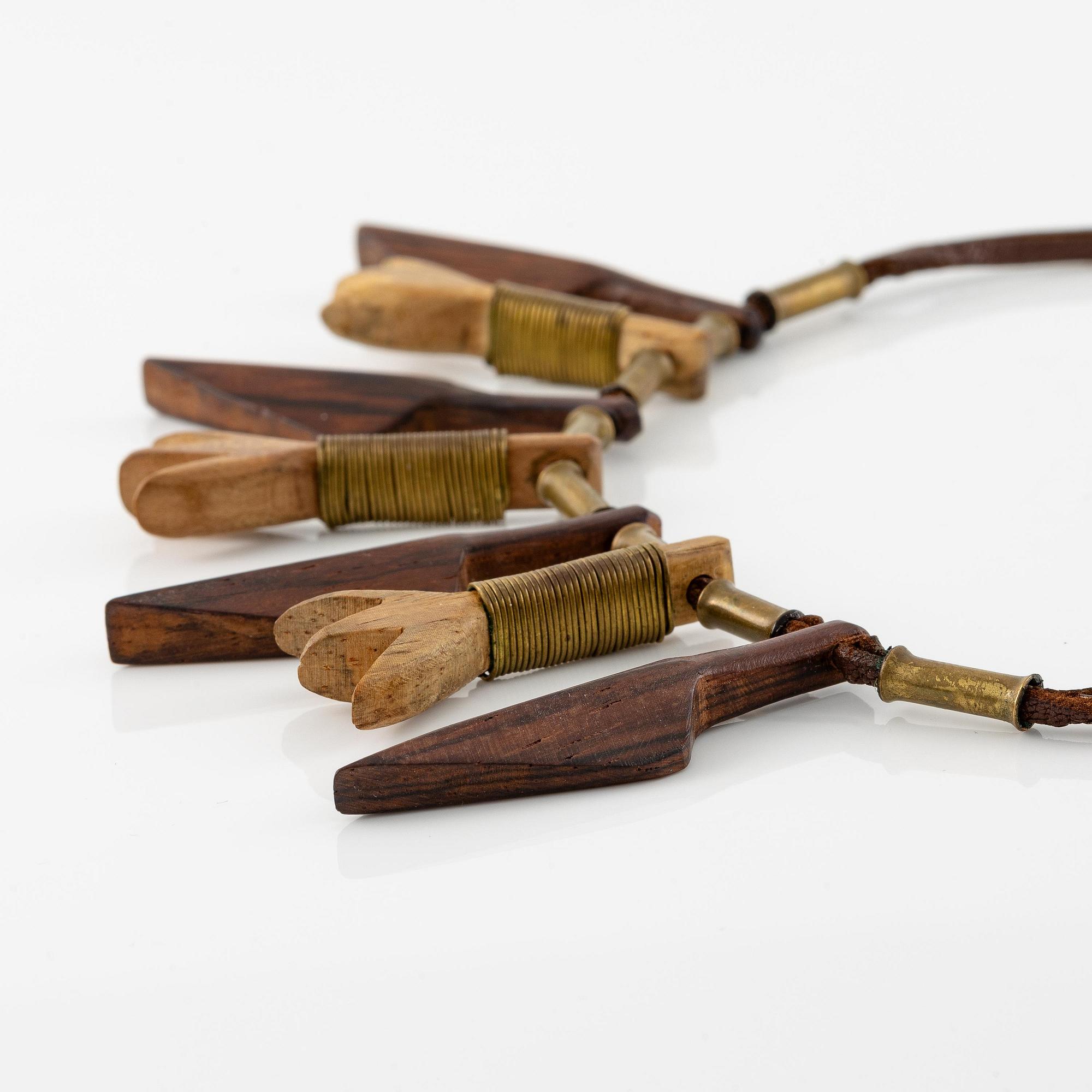 Vivianna Torun Bülow-Hübe, a leather, wood and copper necklace, executed in her workshop ca 1948.