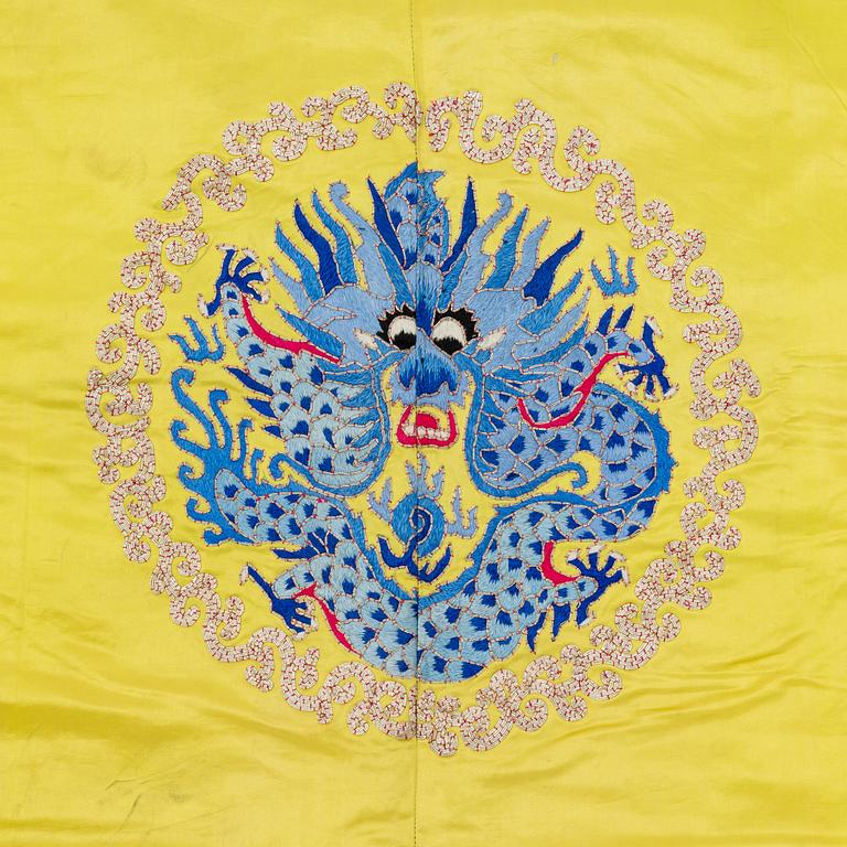 A yellow-ground embroidered silk robe, 20th century.