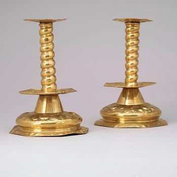 A pair of Swedish Baroque 18th century brass candlesticks.
