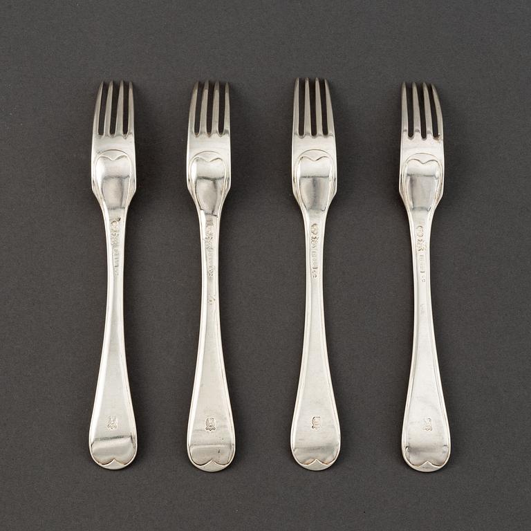 A set of four Swedish silver dinner-forks, marked Jonas Elg, Västerås 1800.