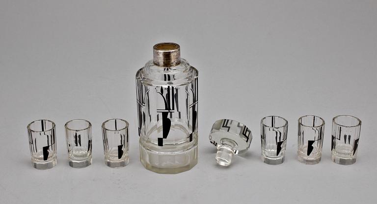 KARAFF samt GLAS, 6 st, glas, Art deco omkring år 1930.
