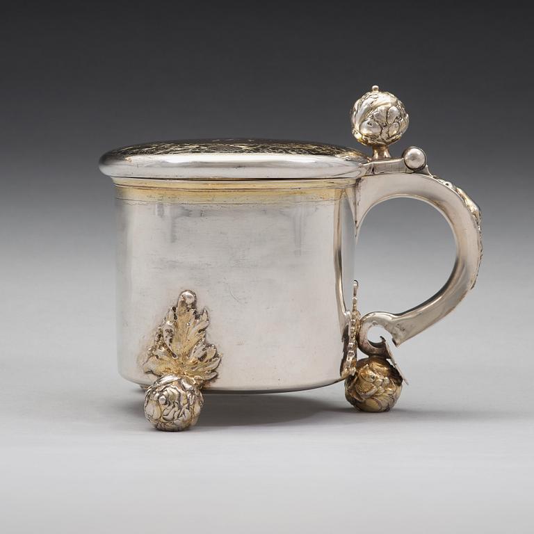 A Swedish 17th century parcel-gilt tankard, mark of Erik Månsson Schmidt, Stockholm 1675.