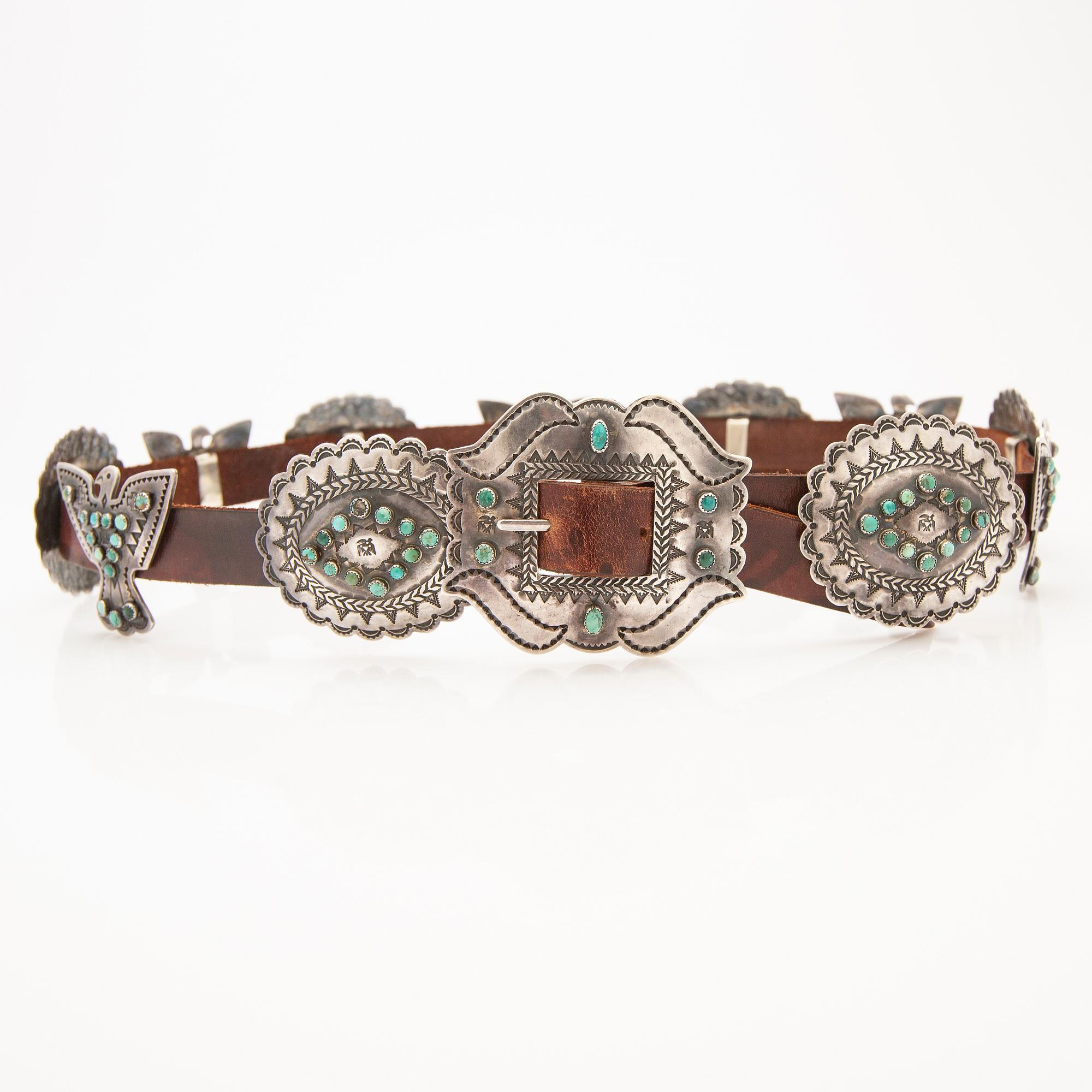 Belt with 12 buckles, silver with set turquoises.