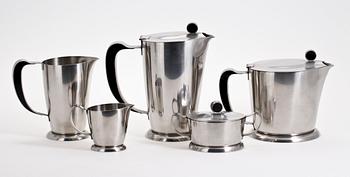 TE OCH KAFFESERVIS, 6 delar, rostfritt stål, art deco, Gense.