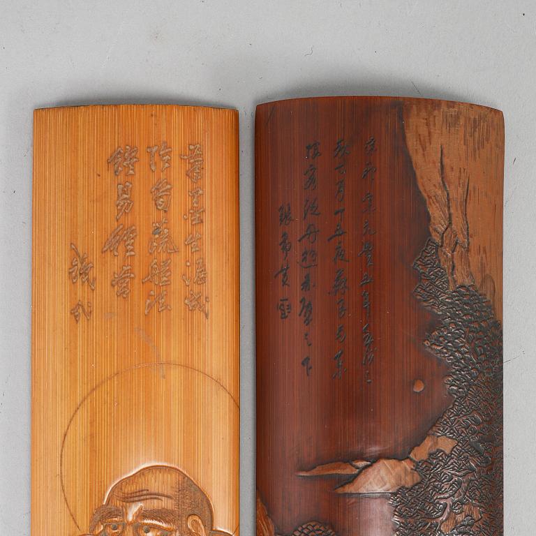 A set of three bamboo wrist rests, presumably early 20th Century, with inscriptions.