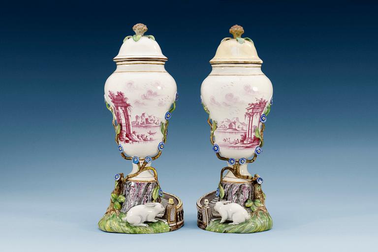 A pair of Marieberg faience vases with covers, 18th Century. (2).