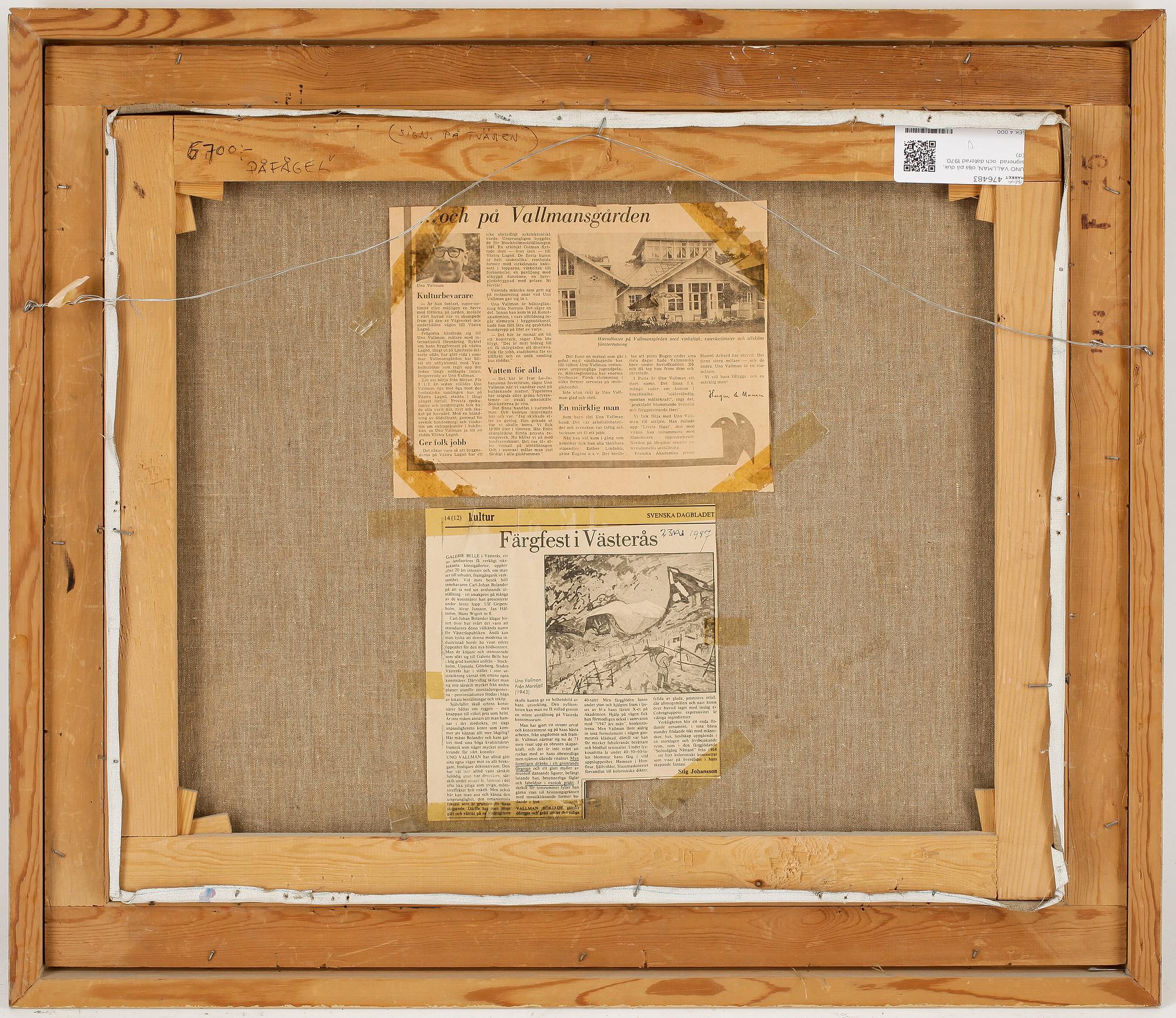 UNO VALLMAN, olja på duk, signerad  och daterad 1970.