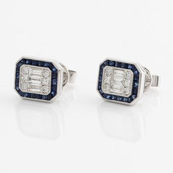 Earrings with baguette and brilliant-cut diamonds and sapphires.