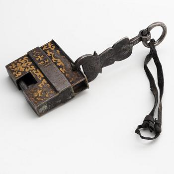 A large iron, silver and gold lock, Tibet, 17th/18th century.
