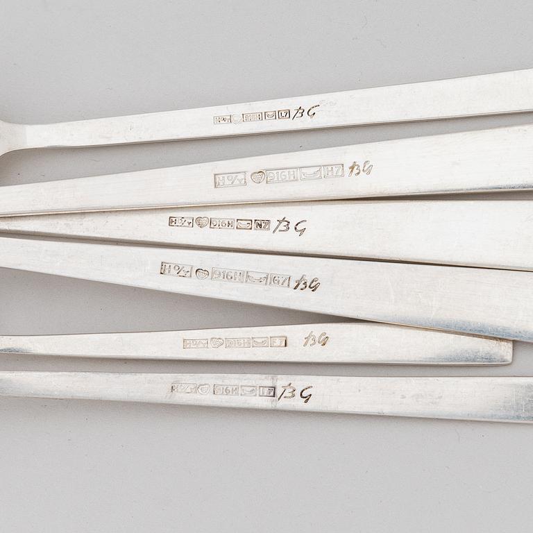 Bertel Gardberg, a 110-piece set of "Birgitta" silver cutlery, marked BG, Hopeatehdas oy, Helsinki 1956-65.