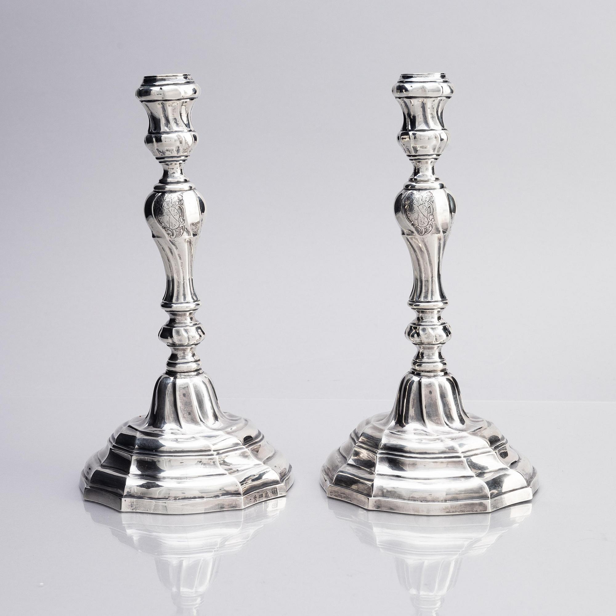 A pair of Belgian silver candlesticks, Hainaut, Ath, Belgium, 1768.