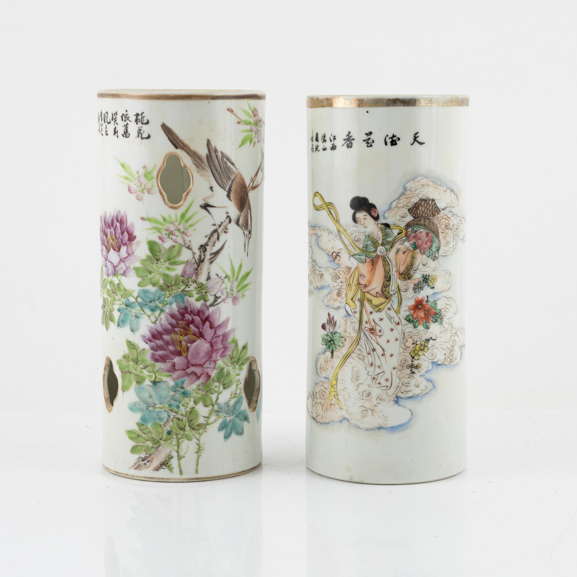 A porcelain brush pot and a porcelain hat stand, China, 20th century.