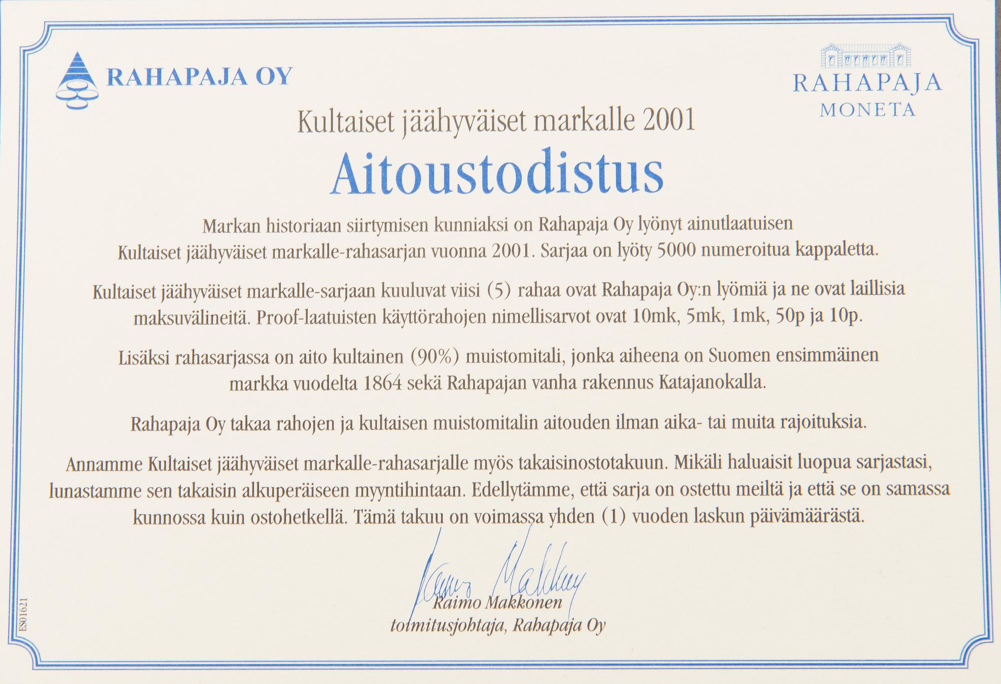 A six-piece Finnish coin collection, one in gold, 2001.
