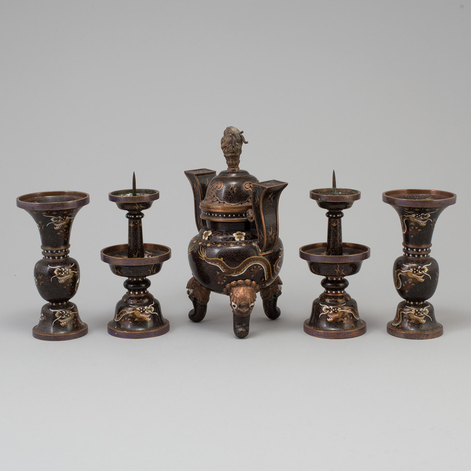 A set of five chinese altar garnitures, cloisonné, 20th century.