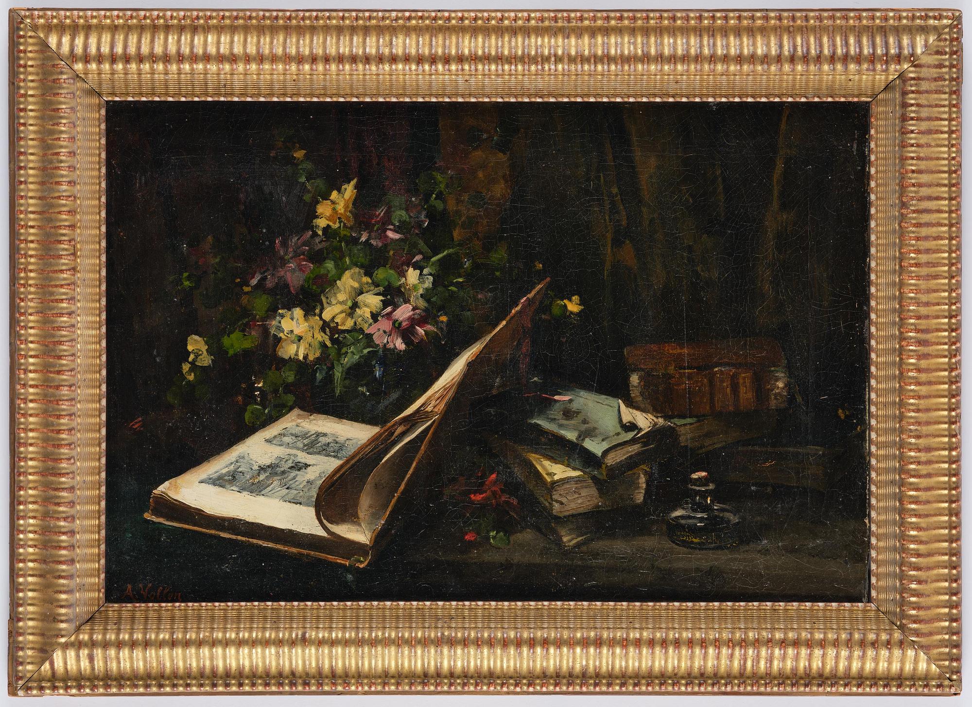 Antoine Vollon, Still life with flowers and books.
